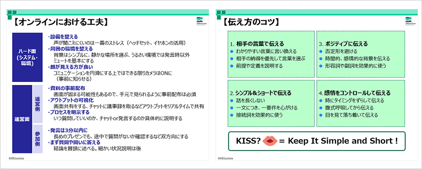 オンラインにおける工夫　ハード面（システム・環境）　設備を整える　声が聞こえにくいのは一番のストレス（ヘッドセット、イヤホンの活用）　周囲の環境を整える　背景はシンプルに、静かな場所を選ぶ。うるさい環境では発言時以外ミュートを基本にする　顔が見える方が良い　コミュニケーションを円滑にする上ではできる限りカメラはONに（事前に知らせる）　運営面　運営側　資料の事前配布　画面が固まる可能性もあるので、手元で見られるように事前配布は必須　アウトプットの可視化　画面共有をする。ちゃっとにじぎ録を取るなどアウトプットをリアルタイムで共有　プロセスを明示する　いつ質問していいのか、チャットor発言するのか具体的に説明する　参加側　発言は3分以内に　長めのプレゼンでも、途中で質問がないか確認するなど双方向にする　まず質問や問いに答える　結論を冒頭に述べる。細かい状況説明は後　伝え方のコツ　1.相手の言葉で伝える　わかりやすい言葉に言い換える　相手の納得を優先して言葉を選ぶ　前提や定義を説明する　2.シンプル＆ショートで伝える　話を長くしない　一文につき、一要件を心がける　接続詞を効果的に使う　3.ポジティブに伝える　否定系を避ける　時間的、感情的な背景を伝える　形容詞や副詞を効果的に使う　4.感情をコントロールして伝える　時にタイミングをずらして伝える　腹式呼吸してから伝える　目を見て落ち着いて伝える　KISS? = Keep It Simple and Short!