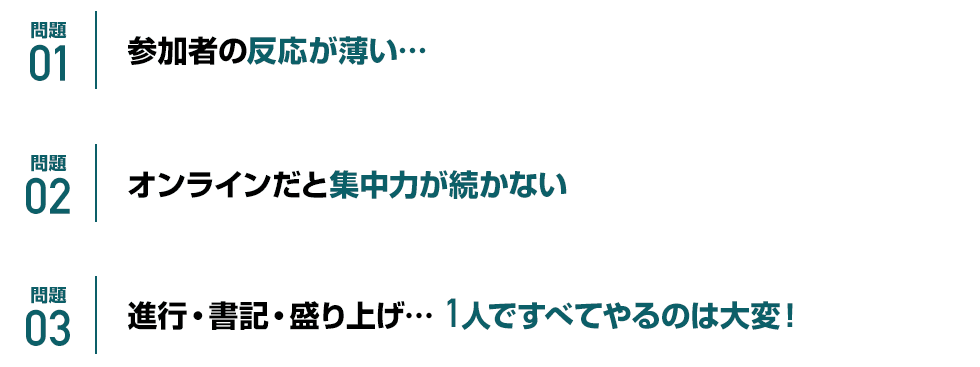 問題01　参加者の反応が薄い・・・　問題02 オンラインだと集中力が続かない　問題03 進行・書記・盛り上げ・・・　1人ですべてやるのは大変！