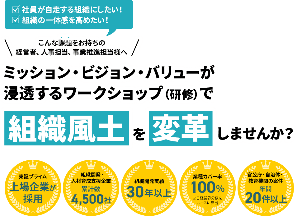 社員が自走する組織にしたい！ 組織の一体感を高めたい！ こんな課題をお持ちの経営者、人事担当、事業推進担当様へ ミッション・ビジョン・バリューが浸透するワークショップ（研修）で組織風土を変革しませんか?