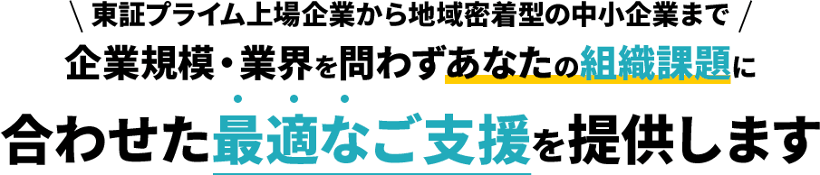 東証プライム上場企業から地域密着型の中小企業まで 企業規模・業界を問わずあなたの組織課題に合わせた最適なご支援を提供します